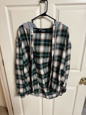 SHEIN Green Black White Plaid Lightweight Hooded Shirt Jacket